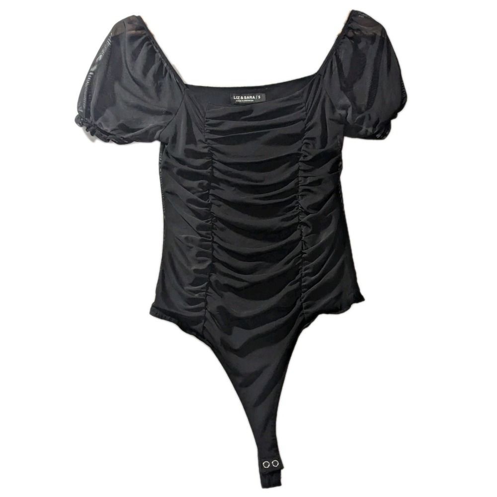 Liz & Sara Black Puff Sleeve Ruched Mesh‎ Bodysuit Women's Size S